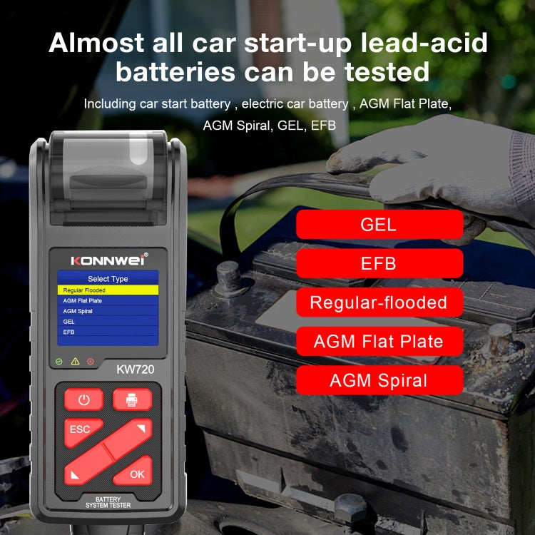 KONNWEI KW720 Car 3.2 inch 6V-24V Lead-acid Battery Tester with Printer, KW720 KONNWEI KW720 Car 3.2 inch 6V-24V Lead-acid Battery Tester with Printer, KW720